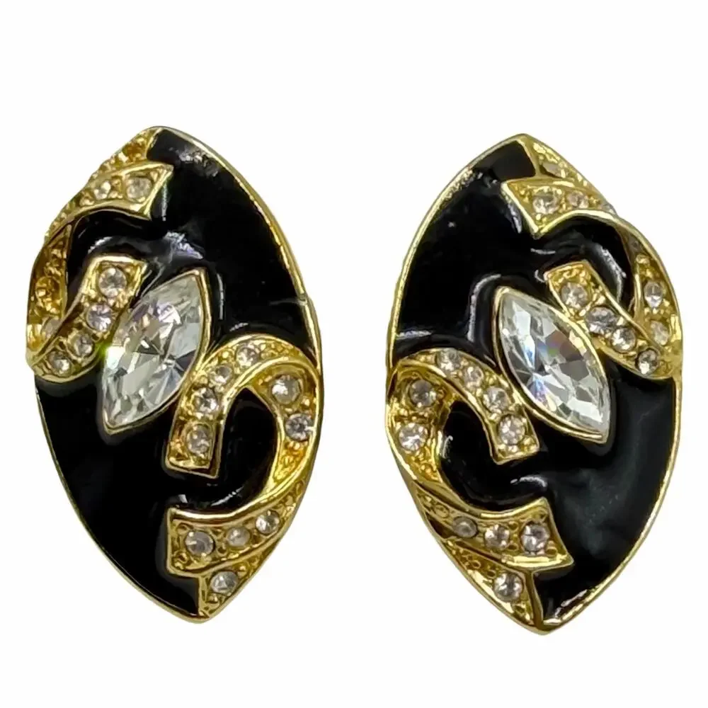 VTG 80s Trifari Runway Gold Black Enamel Marquise Rhinestone Pierced Earrings